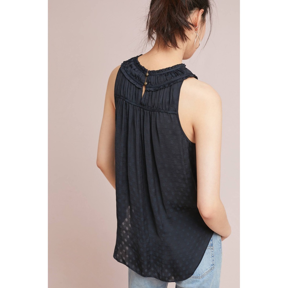 Maeve Anthropologie Blouse 8 Navy Blue Clip Dot Ruffle Sleeveless Clovis Top - Picture 2 of 10